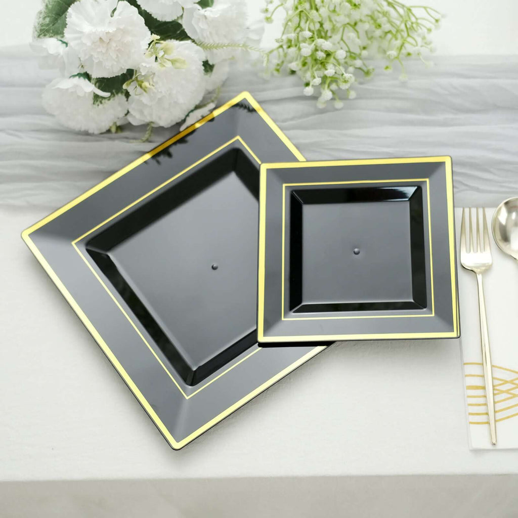10 - Pack Plastic Dinner Plates Black Square with Gold Trim - Lightweight Disposable Plates for Events 10" - Bell Racket Store