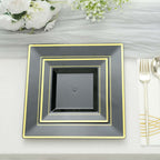 10 - Pack Plastic Dinner Plates Black Square with Gold Trim - Lightweight Disposable Plates for Events 10" - Bell Racket Store