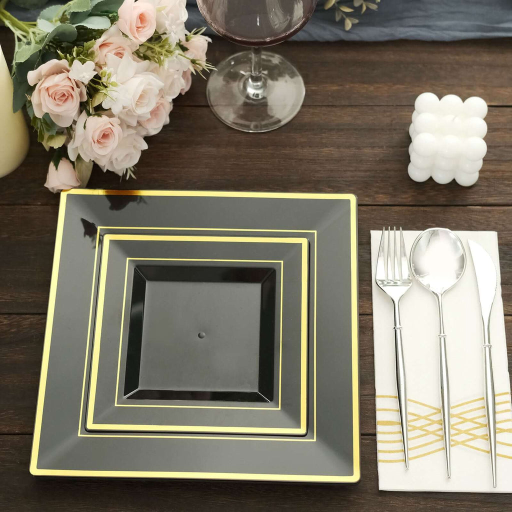10 - Pack Plastic Dinner Plates Black Square with Gold Trim - Lightweight Disposable Plates for Events 10" - Bell Racket Store