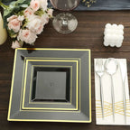 10 - Pack Plastic Dinner Plates Black Square with Gold Trim - Lightweight Disposable Plates for Events 10" - Bell Racket Store