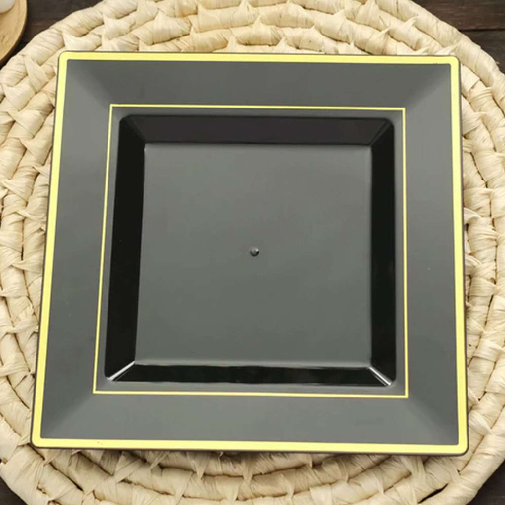 10 - Pack Plastic Dinner Plates Black Square with Gold Trim - Lightweight Disposable Plates for Events 10" - Bell Racket Store
