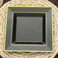 10 - Pack Plastic Dinner Plates Black Square with Gold Trim - Lightweight Disposable Plates for Events 10" - Bell Racket Store