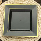 10 - Pack Plastic Dinner Plates Black Square with Gold Trim - Lightweight Disposable Plates for Events 10" - Bell Racket Store