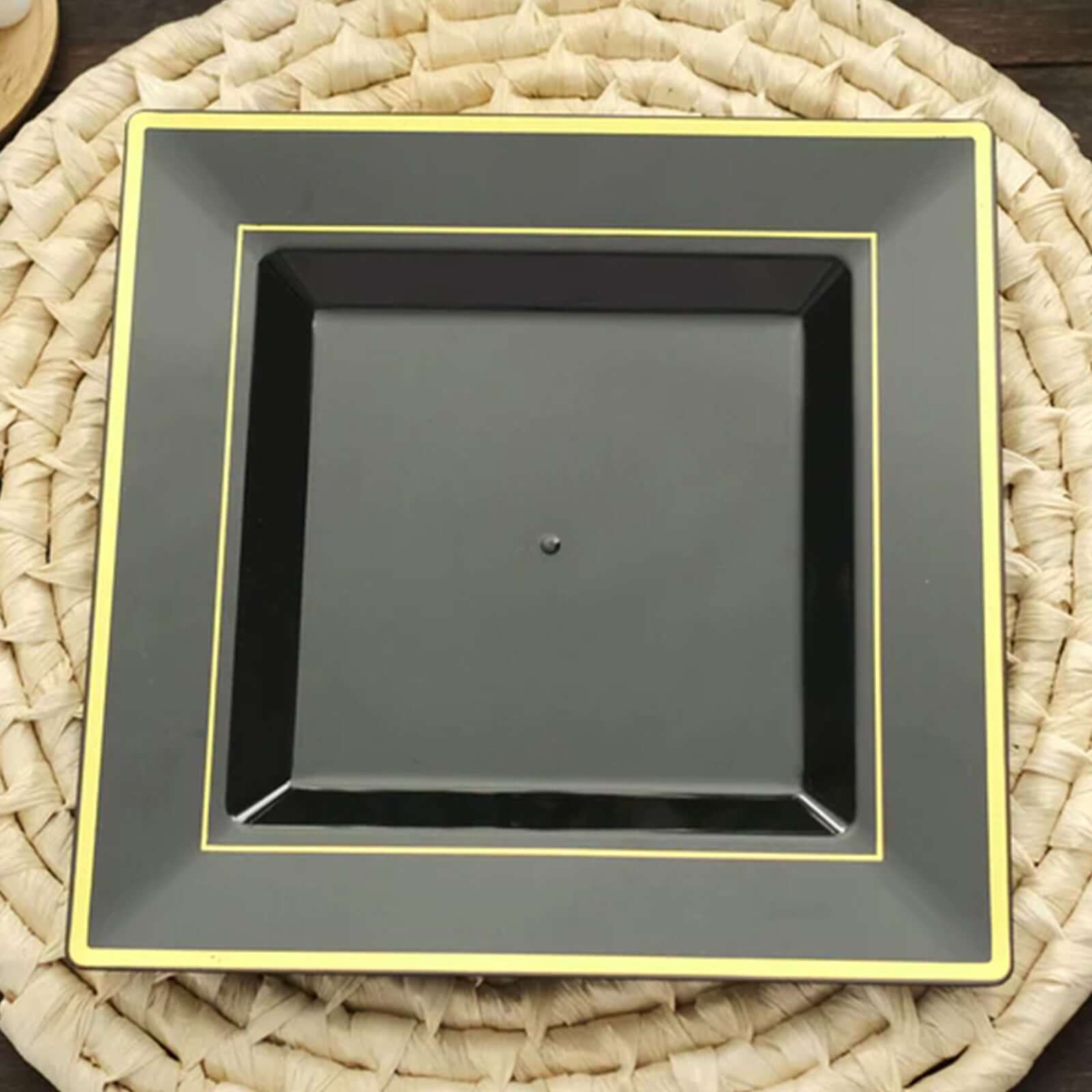 10 - Pack Plastic Dinner Plates Black Square with Gold Trim - Lightweight Disposable Plates for Events 10" - Bell Racket Store