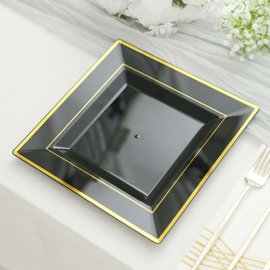 10 - Pack Plastic Dinner Plates Black Square with Gold Trim - Lightweight Disposable Plates for Events 10" - Bell Racket Store