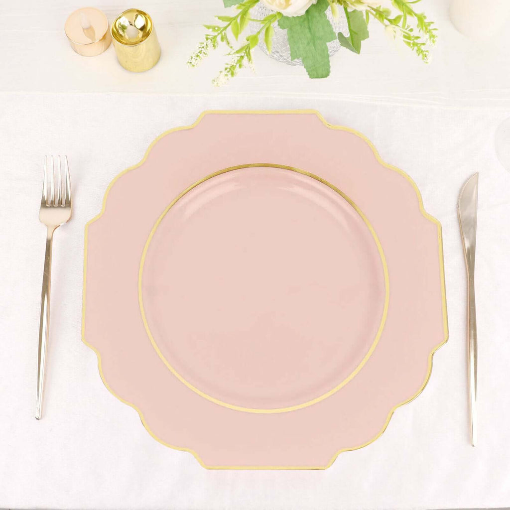 10 - Pack Plastic Dinner Plates in Blush Baroque Design with Scalloped Gold Rim - Heavy Duty Disposable Party Plates 11" - Bell Racket Store