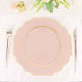 10 - Pack Plastic Dinner Plates in Blush Baroque Design with Scalloped Gold Rim - Heavy Duty Disposable Party Plates 11" - Bell Racket Store