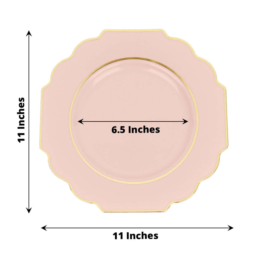 10 - Pack Plastic Dinner Plates in Blush Baroque Design with Scalloped Gold Rim - Heavy Duty Disposable Party Plates 11" - Bell Racket Store