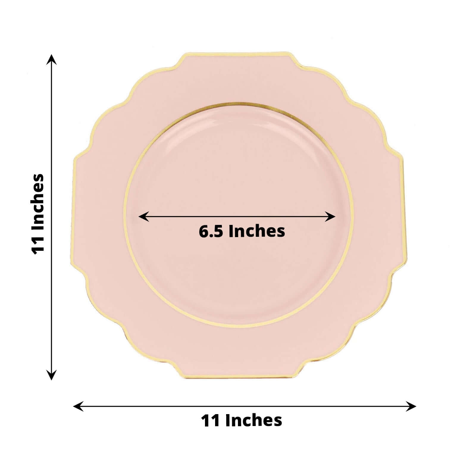 10 - Pack Plastic Dinner Plates in Blush Baroque Design with Scalloped Gold Rim - Heavy Duty Disposable Party Plates 11" - Bell Racket Store
