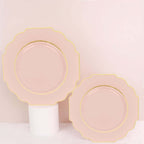 10 - Pack Plastic Dinner Plates in Blush Baroque Design with Scalloped Gold Rim - Heavy Duty Disposable Party Plates 11" - Bell Racket Store