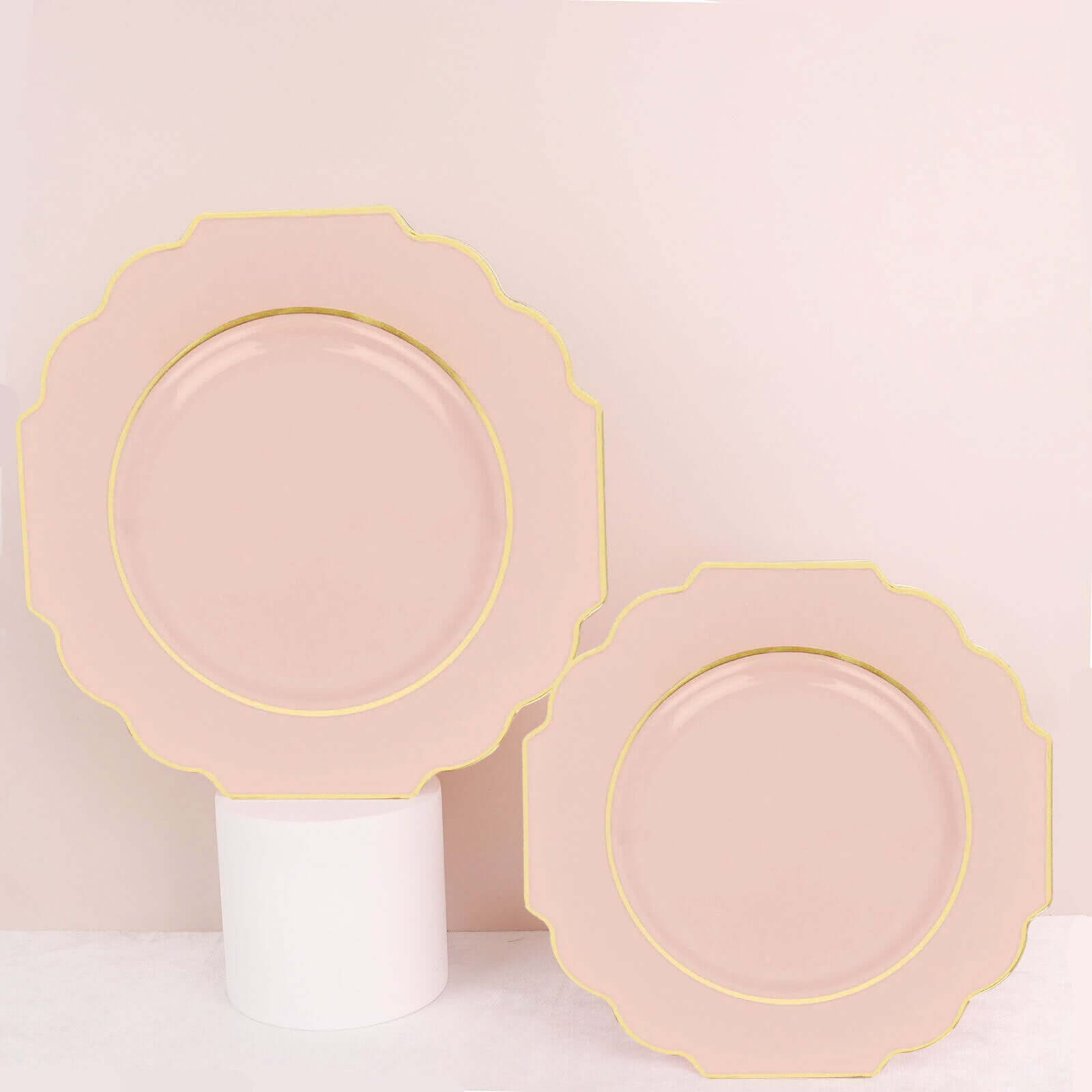 10 - Pack Plastic Dinner Plates in Blush Baroque Design with Scalloped Gold Rim - Heavy Duty Disposable Party Plates 11" - Bell Racket Store