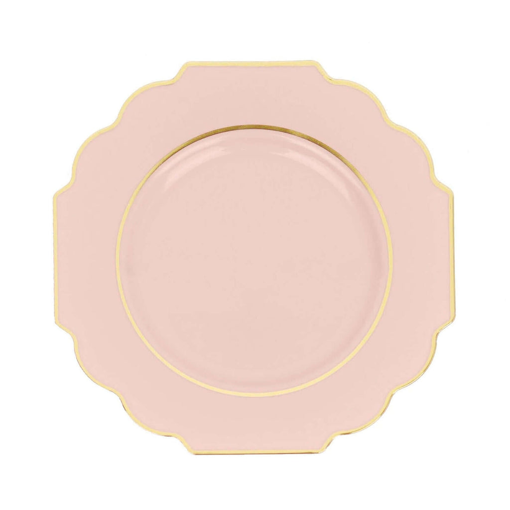 10 - Pack Plastic Dinner Plates in Blush Baroque Design with Scalloped Gold Rim - Heavy Duty Disposable Party Plates 11" - Bell Racket Store