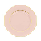 10 - Pack Plastic Dinner Plates in Blush Baroque Design with Scalloped Gold Rim - Heavy Duty Disposable Party Plates 11" - Bell Racket Store
