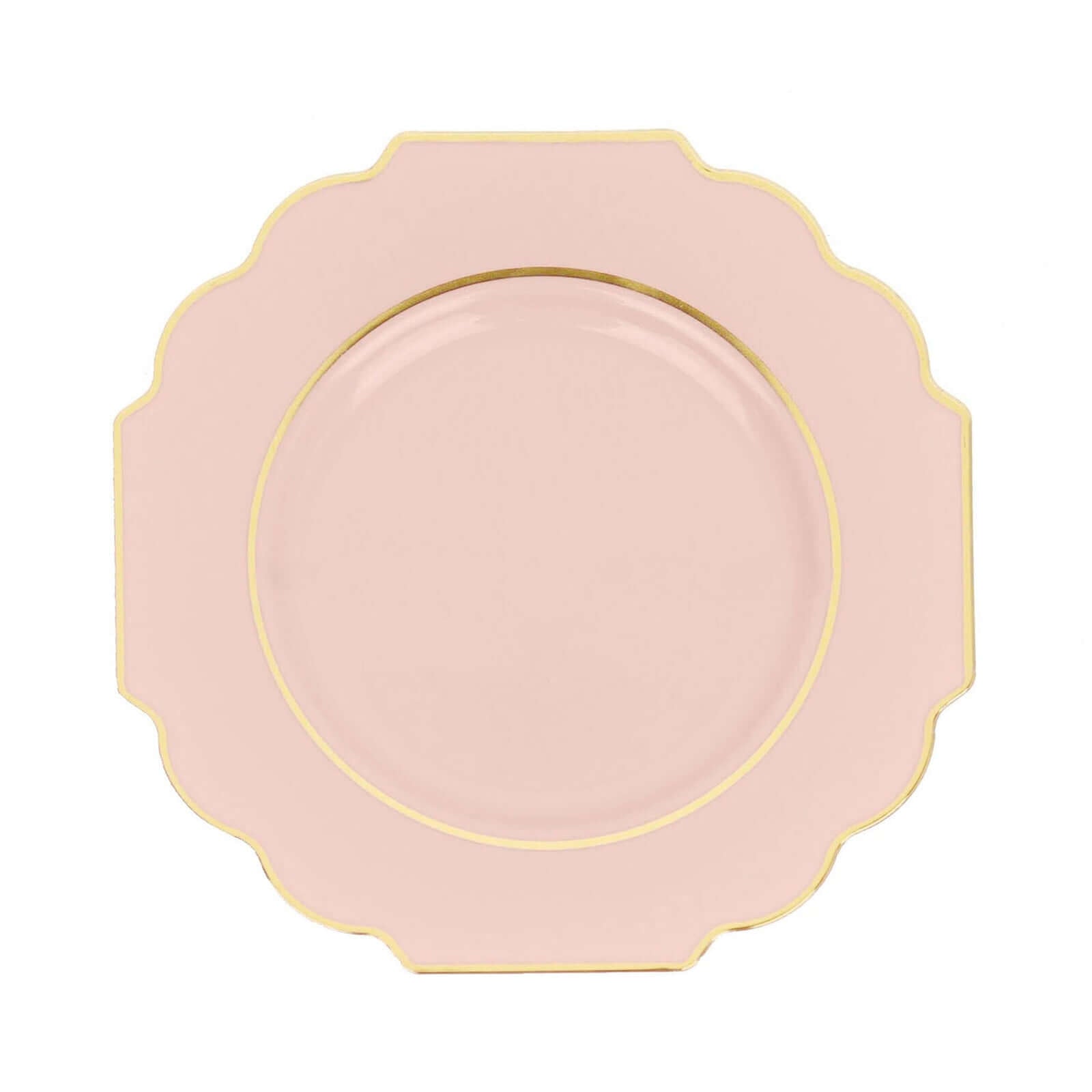 10 - Pack Plastic Dinner Plates in Blush Baroque Design with Scalloped Gold Rim - Heavy Duty Disposable Party Plates 11" - Bell Racket Store