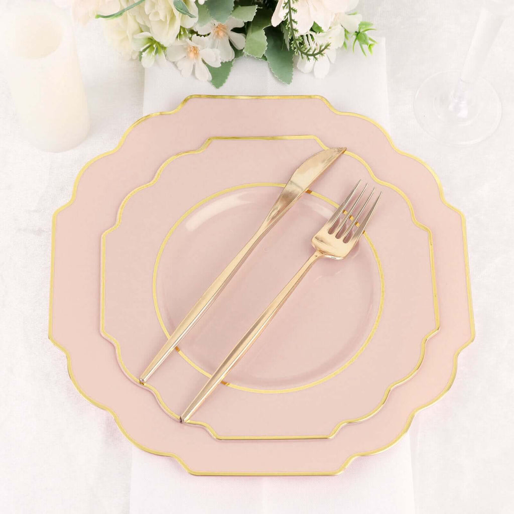10 - Pack Plastic Dinner Plates in Blush Baroque Design with Scalloped Gold Rim - Heavy Duty Disposable Party Plates 11" - Bell Racket Store