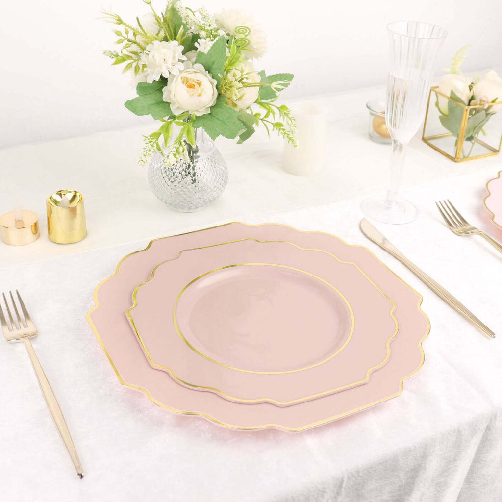 10 - Pack Plastic Dinner Plates in Blush Baroque Design with Scalloped Gold Rim - Heavy Duty Disposable Party Plates 11" - Bell Racket Store