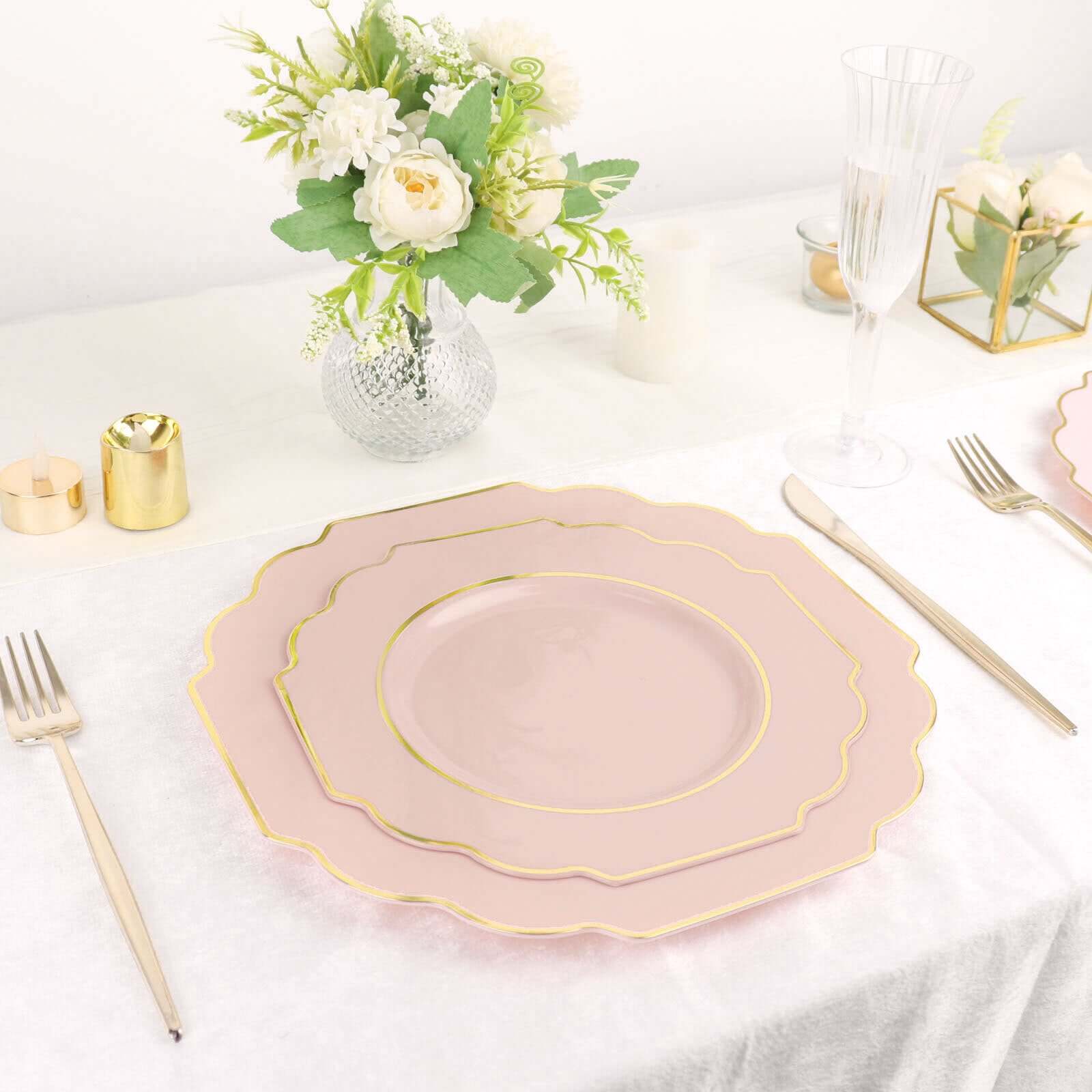 10 - Pack Plastic Dinner Plates in Blush Baroque Design with Scalloped Gold Rim - Heavy Duty Disposable Party Plates 11" - Bell Racket Store