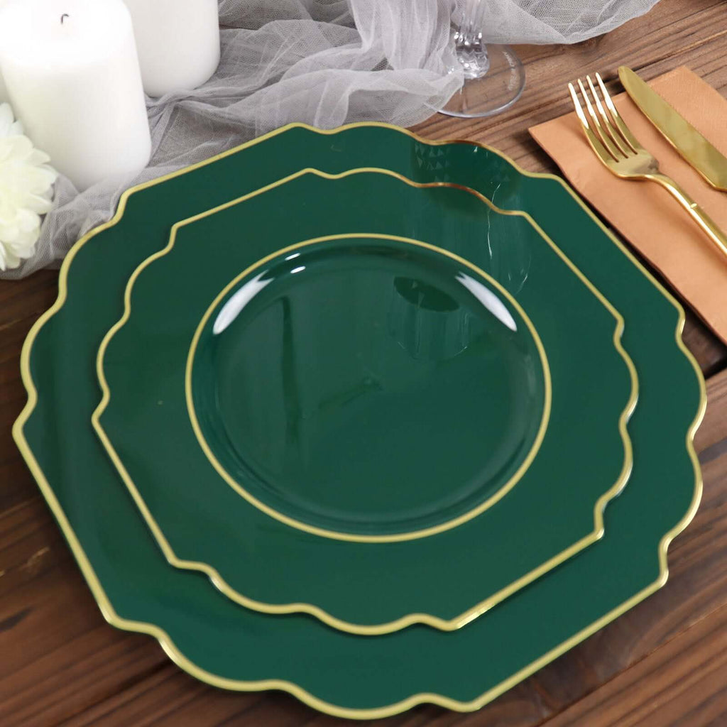 10 - Pack Plastic Dinner Plates in Hunter Emerald Green Baroque Design with Scalloped Gold Rim - Heavy Duty Disposable Party Plates 11" - Bell Racket Store