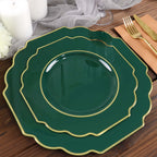 10 - Pack Plastic Dinner Plates in Hunter Emerald Green Baroque Design with Scalloped Gold Rim - Heavy Duty Disposable Party Plates 11" - Bell Racket Store