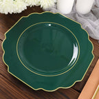 10 - Pack Plastic Dinner Plates in Hunter Emerald Green Baroque Design with Scalloped Gold Rim - Heavy Duty Disposable Party Plates 11" - Bell Racket Store