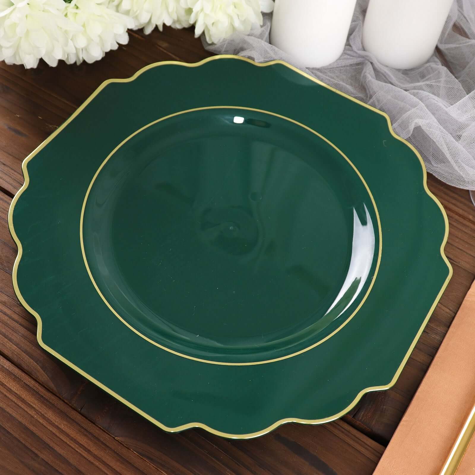 10 - Pack Plastic Dinner Plates in Hunter Emerald Green Baroque Design with Scalloped Gold Rim - Heavy Duty Disposable Party Plates 11" - Bell Racket Store
