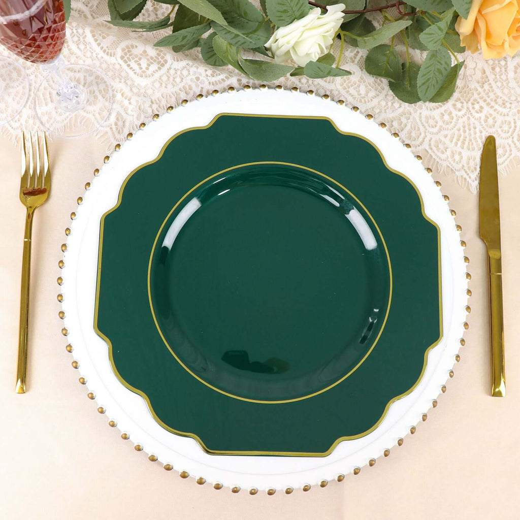 10 - Pack Plastic Dinner Plates in Hunter Emerald Green Baroque Design with Scalloped Gold Rim - Heavy Duty Disposable Party Plates 11" - Bell Racket Store