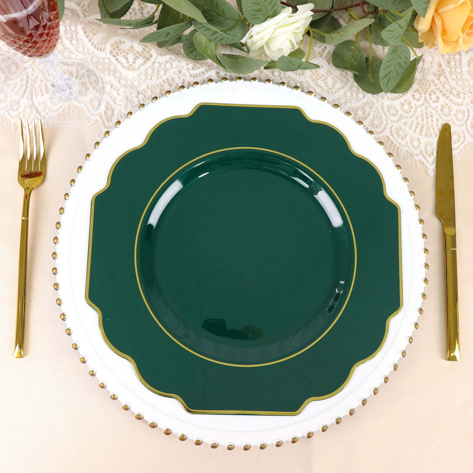 10 - Pack Plastic Dinner Plates in Hunter Emerald Green Baroque Design with Scalloped Gold Rim - Heavy Duty Disposable Party Plates 11" - Bell Racket Store