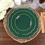 10 - Pack Plastic Dinner Plates in Hunter Emerald Green Baroque Design with Scalloped Gold Rim - Heavy Duty Disposable Party Plates 11" - Bell Racket Store
