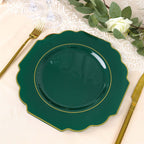 10 - Pack Plastic Dinner Plates in Hunter Emerald Green Baroque Design with Scalloped Gold Rim - Heavy Duty Disposable Party Plates 11" - Bell Racket Store
