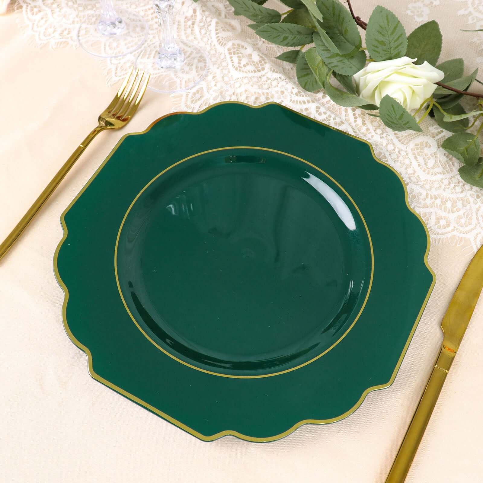 10 - Pack Plastic Dinner Plates in Hunter Emerald Green Baroque Design with Scalloped Gold Rim - Heavy Duty Disposable Party Plates 11" - Bell Racket Store