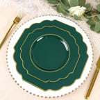 10 - Pack Plastic Dinner Plates in Hunter Emerald Green Baroque Design with Scalloped Gold Rim - Heavy Duty Disposable Party Plates 11" - Bell Racket Store