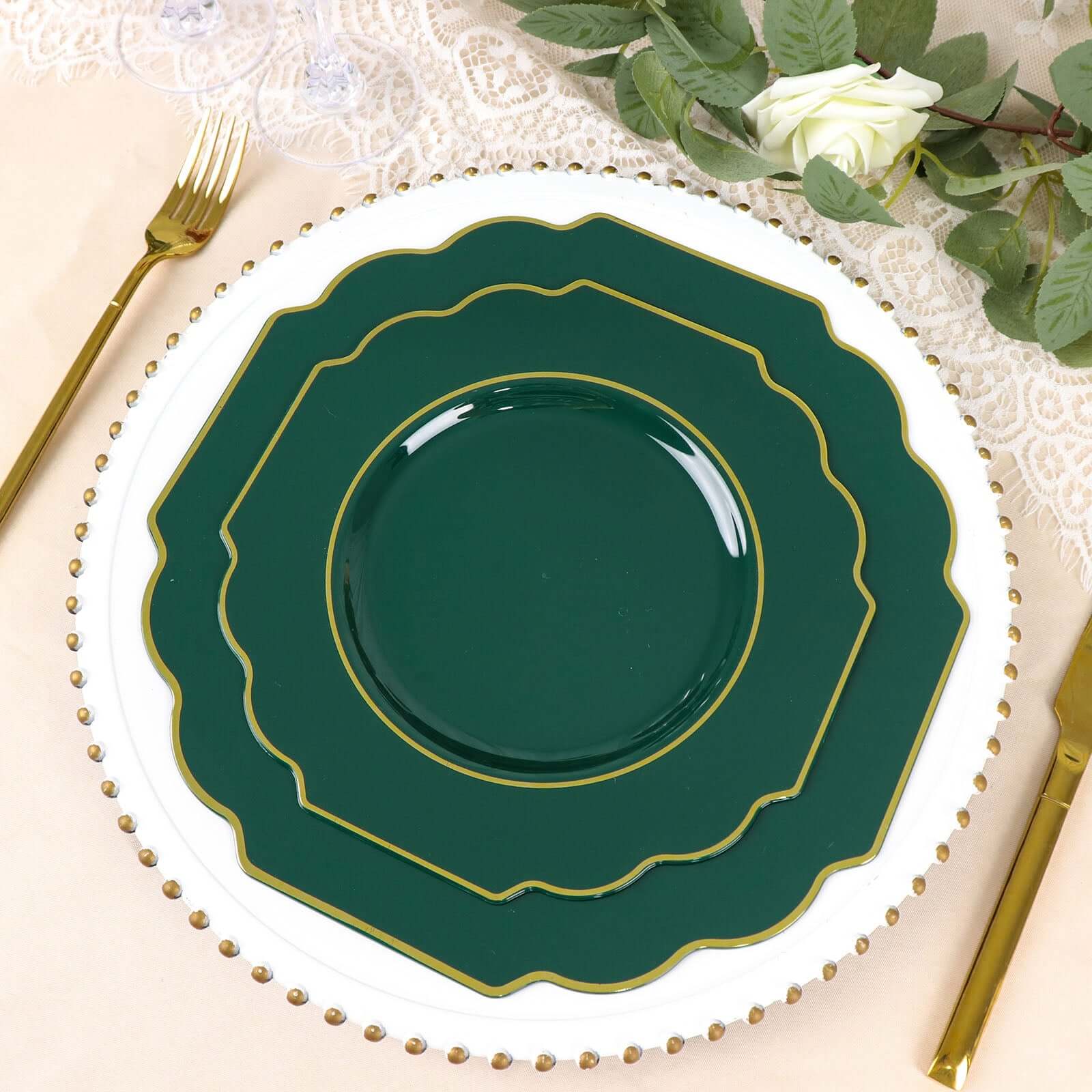 10 - Pack Plastic Dinner Plates in Hunter Emerald Green Baroque Design with Scalloped Gold Rim - Heavy Duty Disposable Party Plates 11" - Bell Racket Store