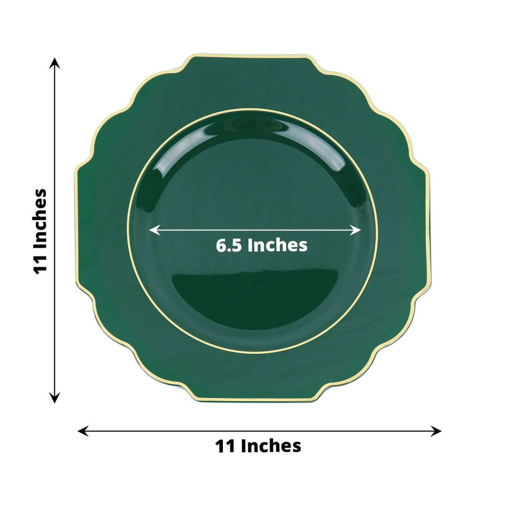 10 - Pack Plastic Dinner Plates in Hunter Emerald Green Baroque Design with Scalloped Gold Rim - Heavy Duty Disposable Party Plates 11" - Bell Racket Store
