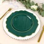 10 - Pack Plastic Dinner Plates in Hunter Emerald Green Baroque Design with Scalloped Gold Rim - Heavy Duty Disposable Party Plates 11" - Bell Racket Store