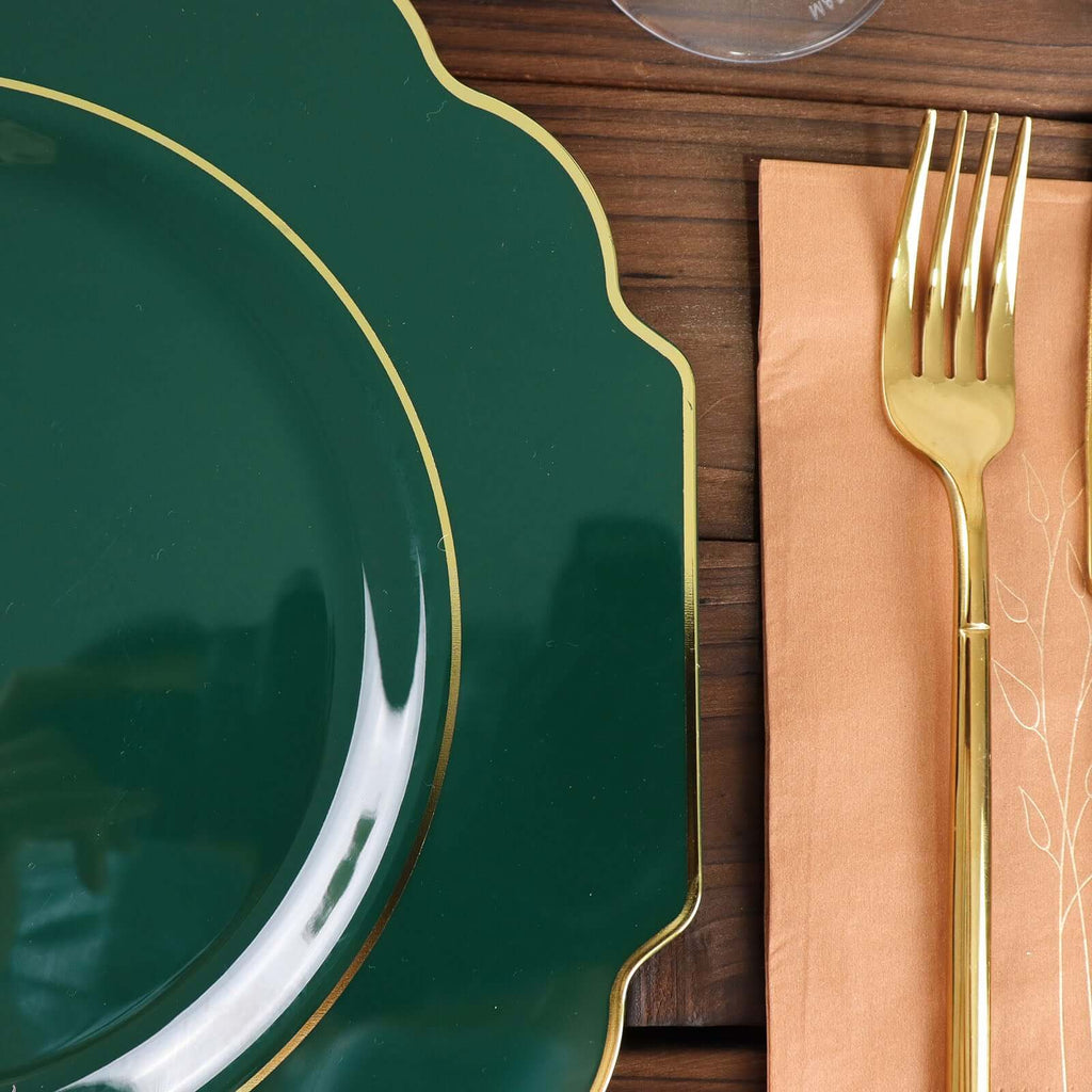 10 - Pack Plastic Dinner Plates in Hunter Emerald Green Baroque Design with Scalloped Gold Rim - Heavy Duty Disposable Party Plates 11" - Bell Racket Store