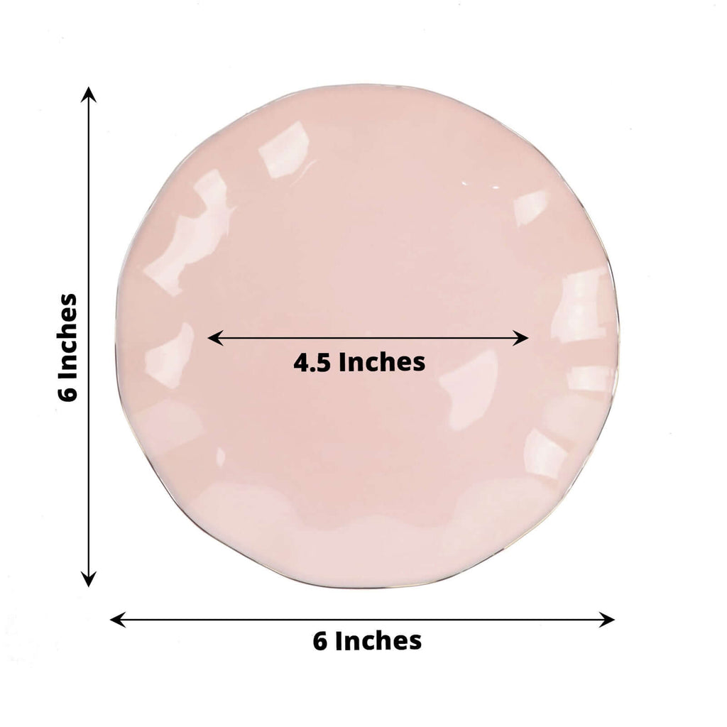 10 - Pack Plastic Round 6" Dessert Plates in Blush Ruffled Rim with Gold Edging - Sturdy Disposable Salad Appetizer Dinnerware - Bell Racket Store