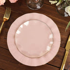 10 - Pack Plastic Round 6" Dessert Plates in Blush Ruffled Rim with Gold Edging - Sturdy Disposable Salad Appetizer Dinnerware - Bell Racket Store