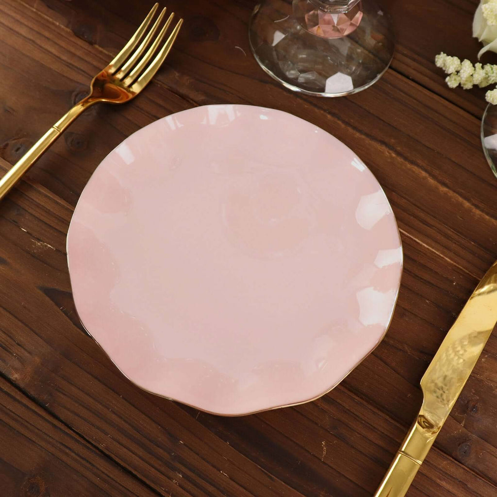 10 - Pack Plastic Round 6" Dessert Plates in Blush Ruffled Rim with Gold Edging - Sturdy Disposable Salad Appetizer Dinnerware - Bell Racket Store