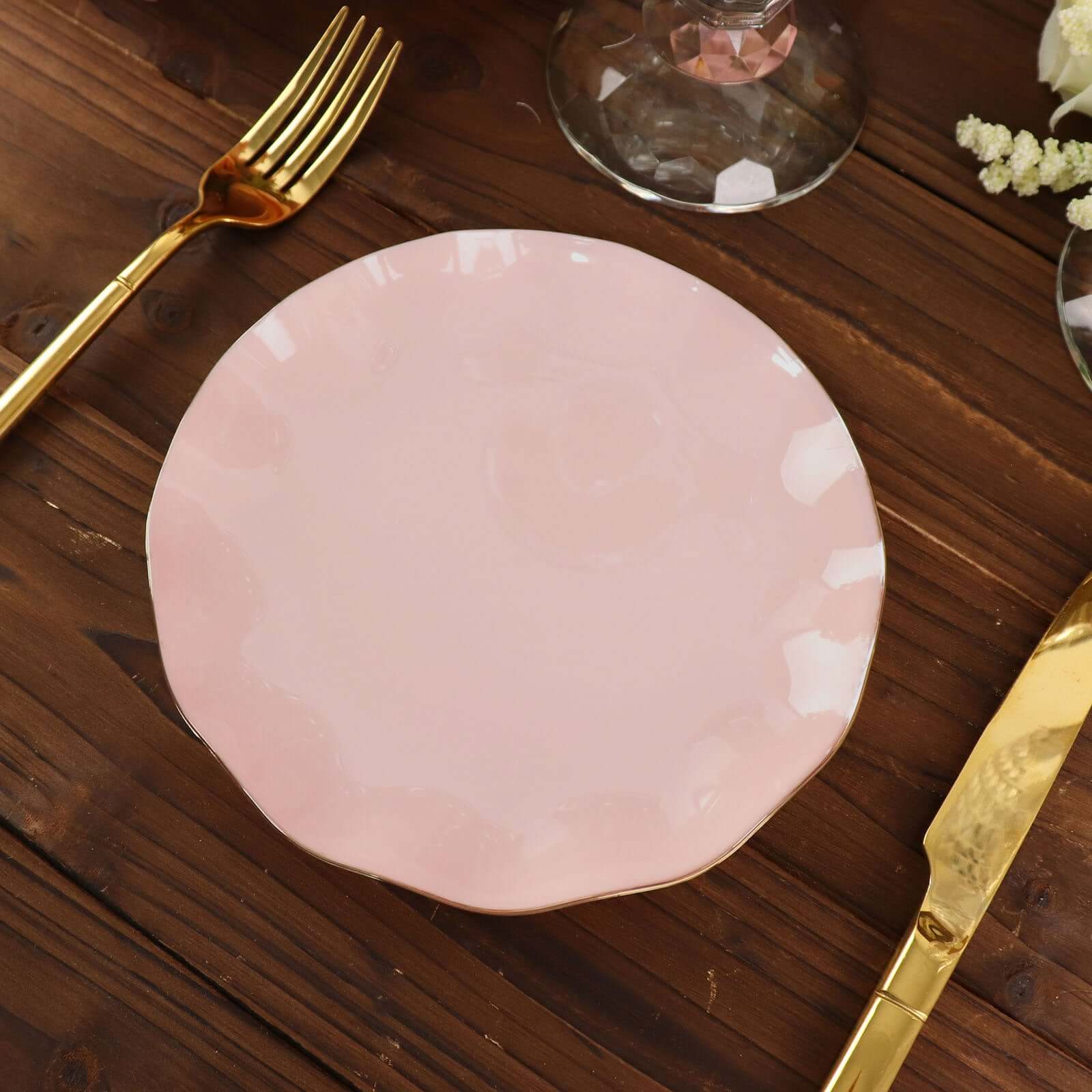 10 - Pack Plastic Round 6" Dessert Plates in Blush Ruffled Rim with Gold Edging - Sturdy Disposable Salad Appetizer Dinnerware - Bell Racket Store