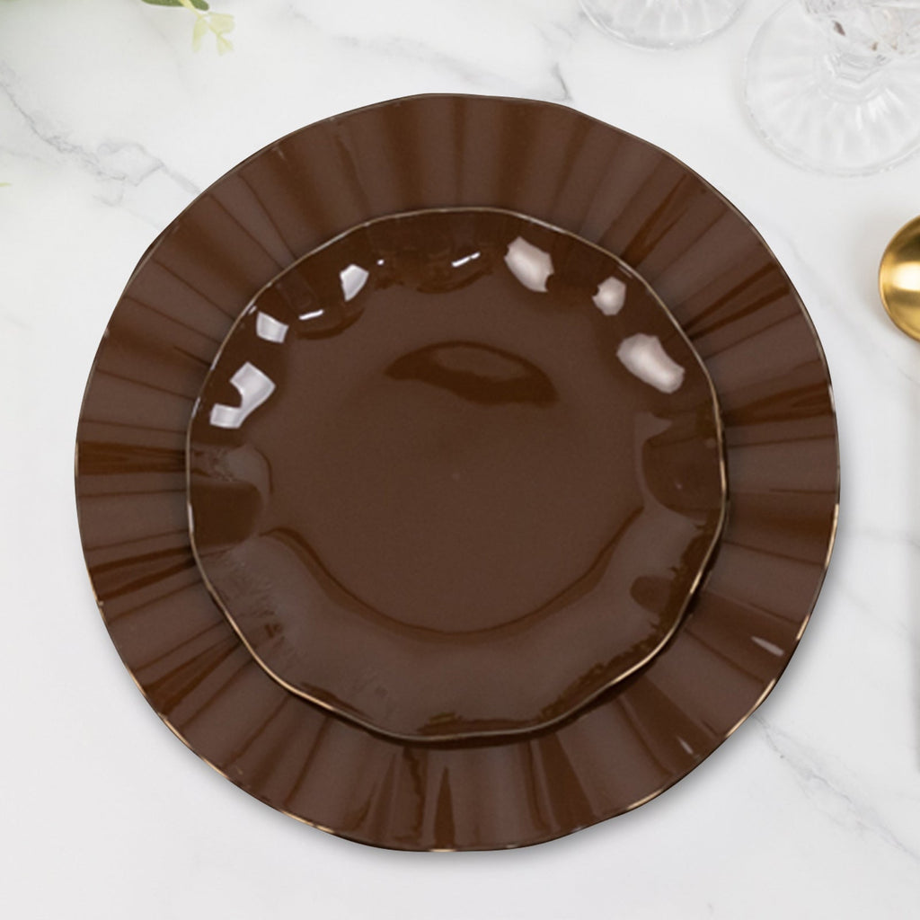 10 - Pack Plastic Round 6" Dessert Plates in Cinnamon Brown Ruffled Rim with Gold Edging - Sturdy Disposable Salad Appetizer Dinnerware - Bell Racket Store