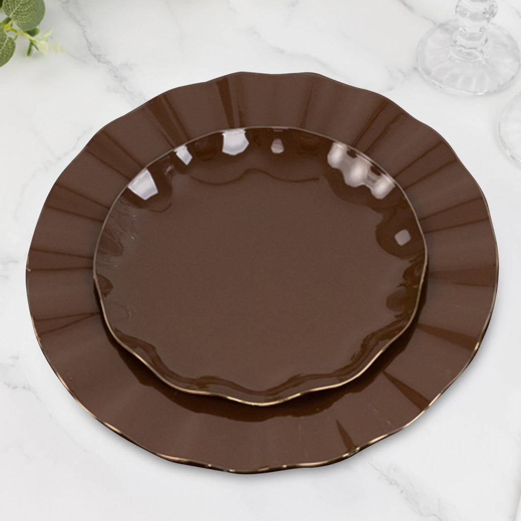 10 - Pack Plastic Round 6" Dessert Plates in Cinnamon Brown Ruffled Rim with Gold Edging - Sturdy Disposable Salad Appetizer Dinnerware - Bell Racket Store