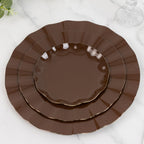 10 - Pack Plastic Round 6" Dessert Plates in Cinnamon Brown Ruffled Rim with Gold Edging - Sturdy Disposable Salad Appetizer Dinnerware - Bell Racket Store