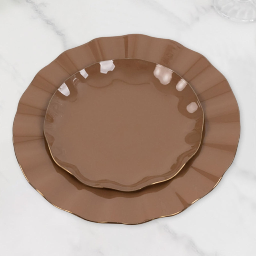 10 - Pack Plastic Round 6" Dessert Plates in Coffee Brown Ruffled Rim with Gold Edging - Sturdy Disposable Salad Appetizer Dinnerware - Bell Racket Store