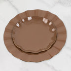 10 - Pack Plastic Round 6" Dessert Plates in Coffee Brown Ruffled Rim with Gold Edging - Sturdy Disposable Salad Appetizer Dinnerware - Bell Racket Store