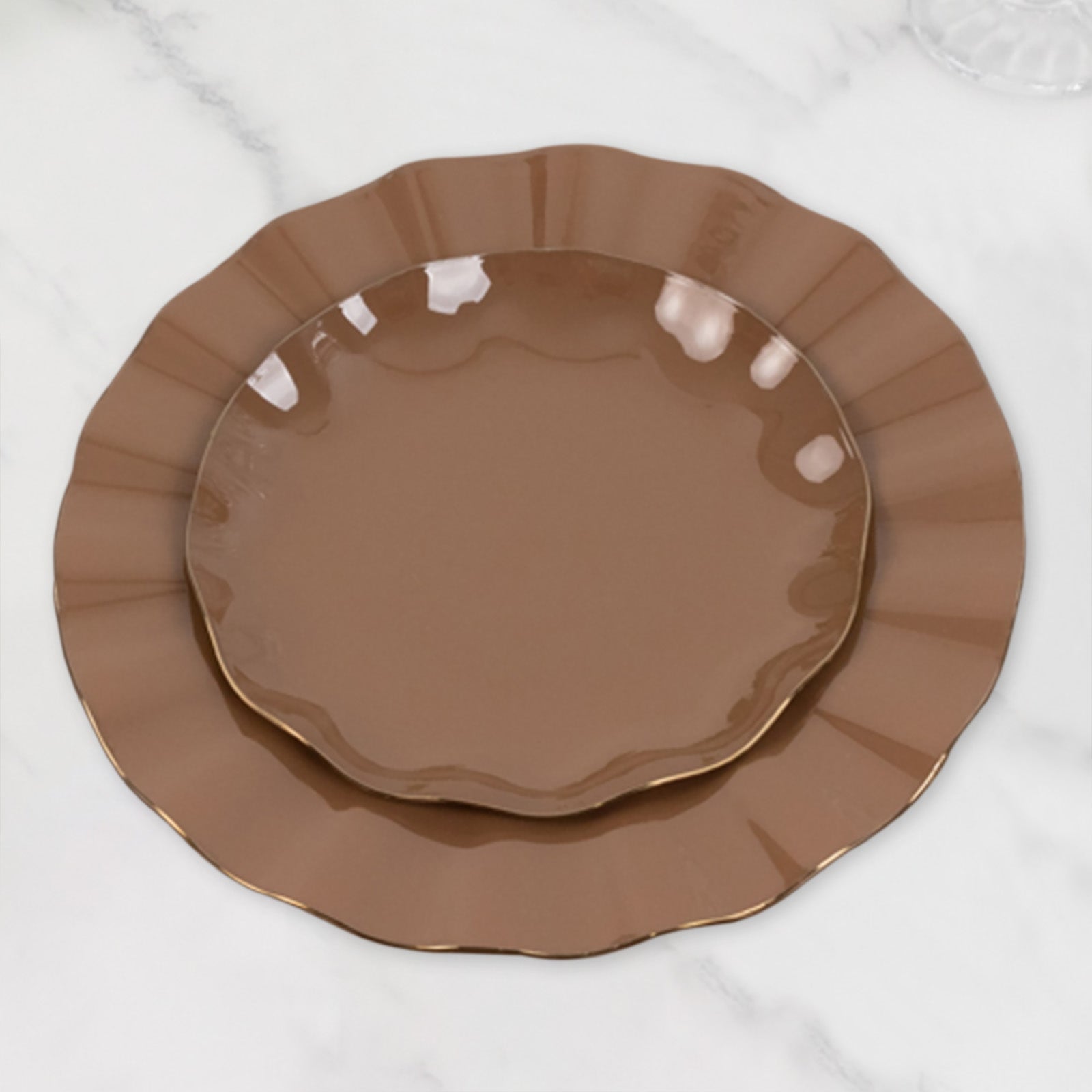 10 - Pack Plastic Round 6" Dessert Plates in Coffee Brown Ruffled Rim with Gold Edging - Sturdy Disposable Salad Appetizer Dinnerware - Bell Racket Store