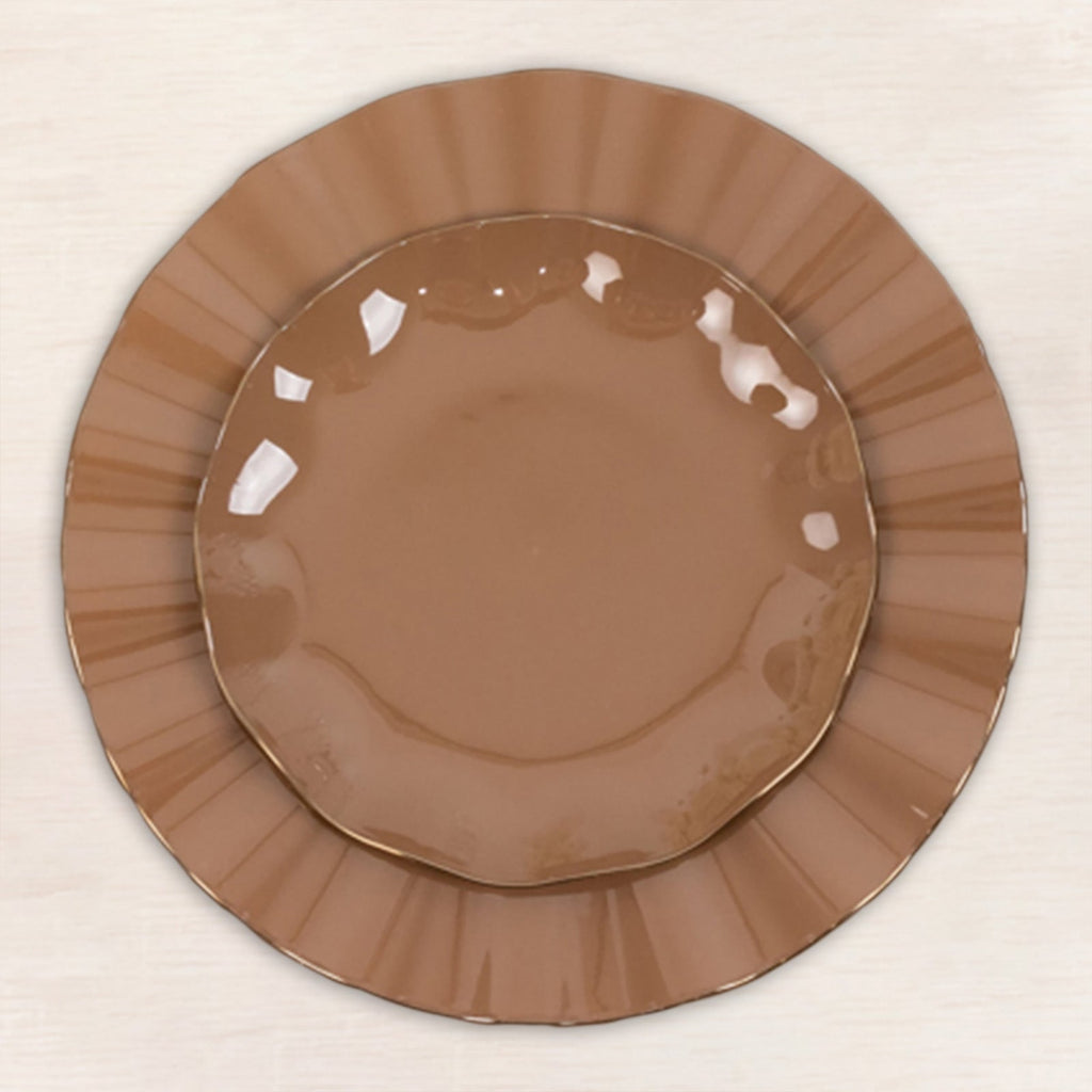 10 - Pack Plastic Round 6" Dessert Plates in Coffee Brown Ruffled Rim with Gold Edging - Sturdy Disposable Salad Appetizer Dinnerware - Bell Racket Store