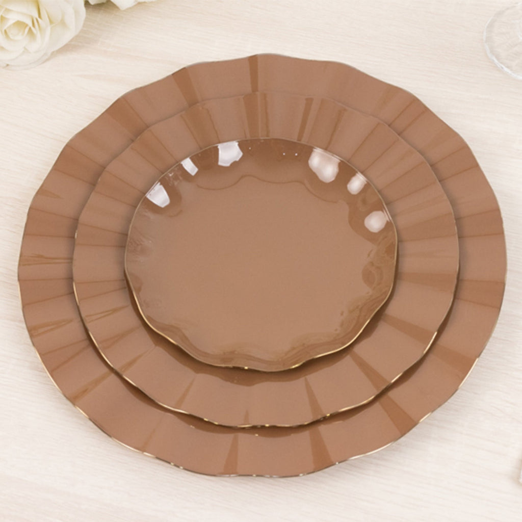 10 - Pack Plastic Round 6" Dessert Plates in Coffee Brown Ruffled Rim with Gold Edging - Sturdy Disposable Salad Appetizer Dinnerware - Bell Racket Store
