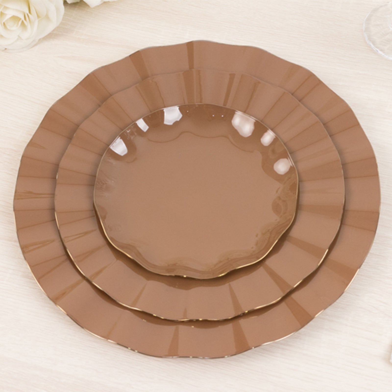 10 - Pack Plastic Round 6" Dessert Plates in Coffee Brown Ruffled Rim with Gold Edging - Sturdy Disposable Salad Appetizer Dinnerware - Bell Racket Store