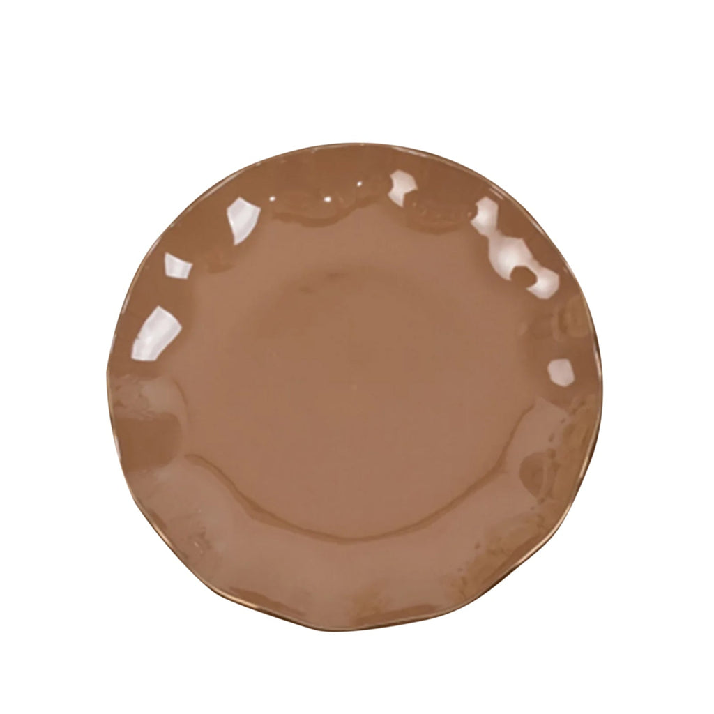 10 - Pack Plastic Round 6" Dessert Plates in Coffee Brown Ruffled Rim with Gold Edging - Sturdy Disposable Salad Appetizer Dinnerware - Bell Racket Store