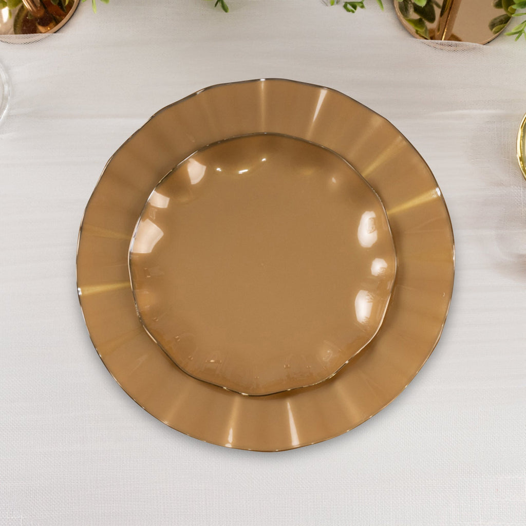 10 - Pack Plastic Round 6" Dessert Plates in Gold with Ruffled Rim - Sturdy Disposable Salad Appetizer Dinnerware for Classy Events & Banquets - Bell Racket Store